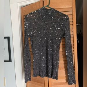 See through glitter sparkle party club Black Glitter Top sz Medium